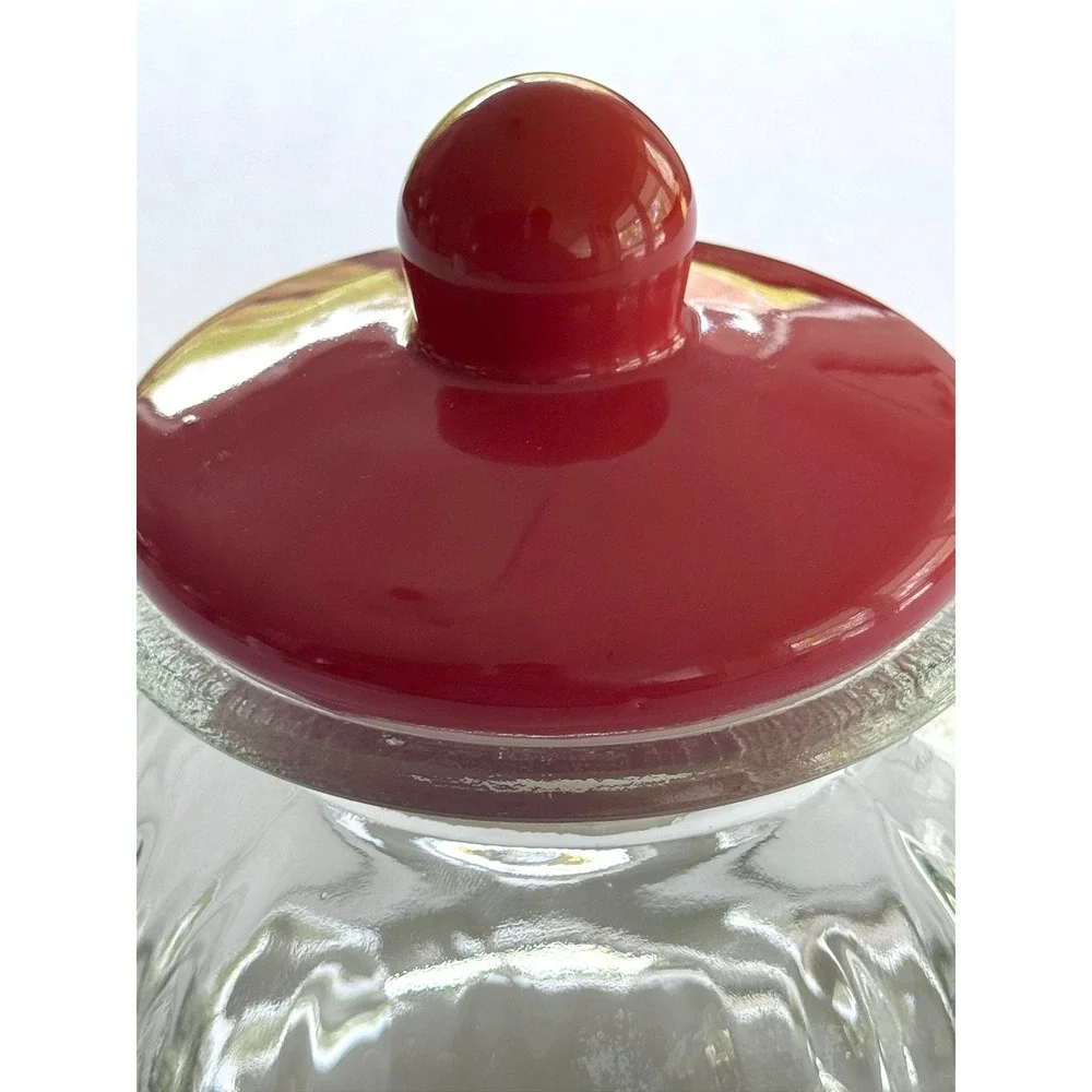 VTG MCM Clear Glass Apothecary Canister Ruby Red Ceramic Lid Cottagecore Style